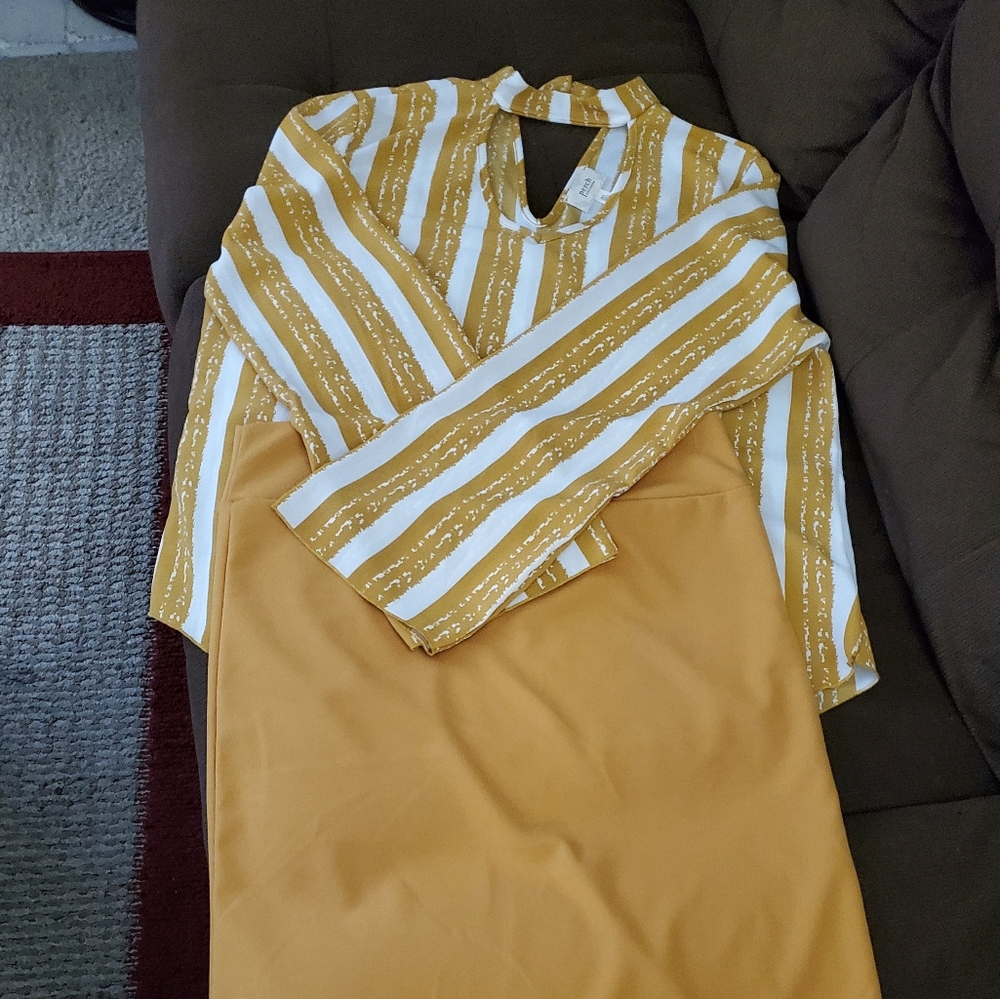 2-Piece Top & Midi Skirt Set - Mustard & White.